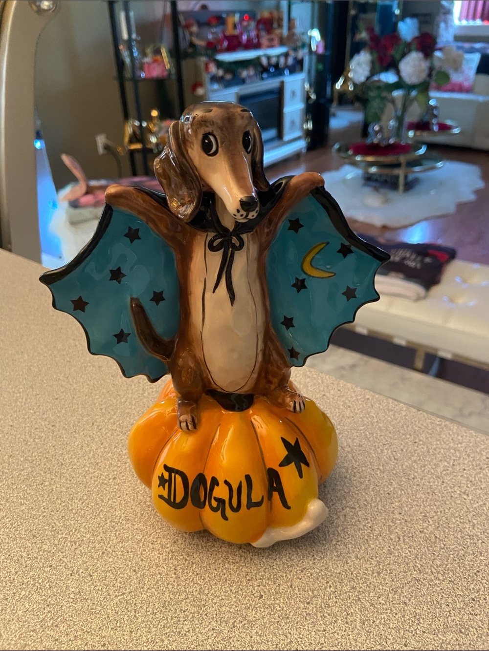 Halloween Dachshund 'Dogula' Pumpkin Figurine - Brown and Teal